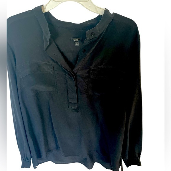Talbots Black Buttoned Mandarin Collar Silk Front Pocket Blouse Lp